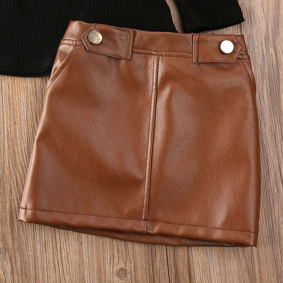 2021 Newest Hot Toddler Baby Girls Kids Turtleneck Long Puff Sleeve Sweater Tops + Leather Pencil Skirt 2PCS Outfit Clothes Set 201031