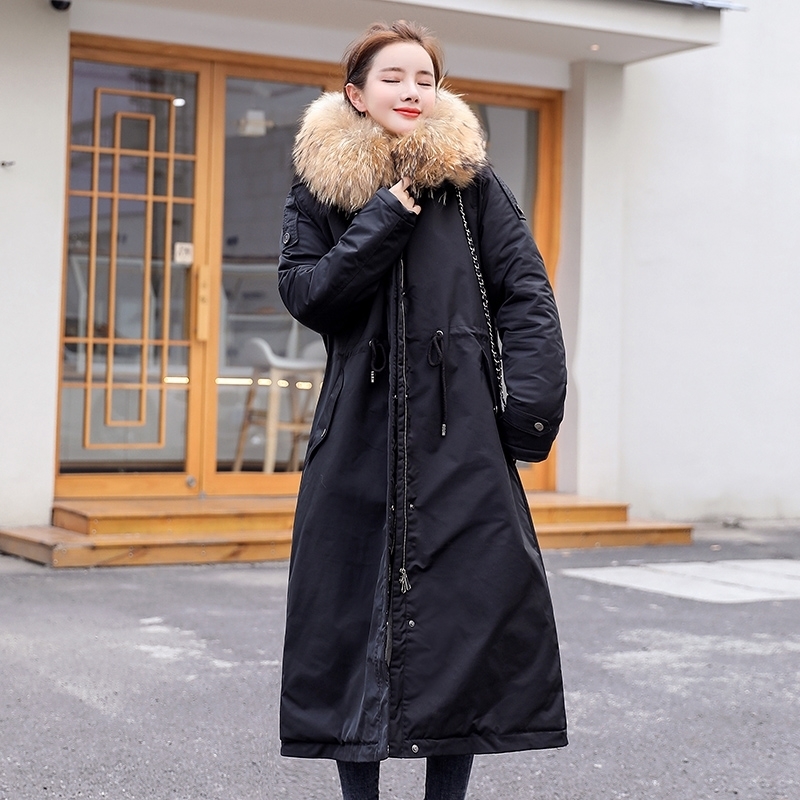-30 Degrees Snow Wear X-Long Parkas Jacket Fur Hooded Female Overcoat Fluff Lining Thick Winter Coat Women Clothess 201202