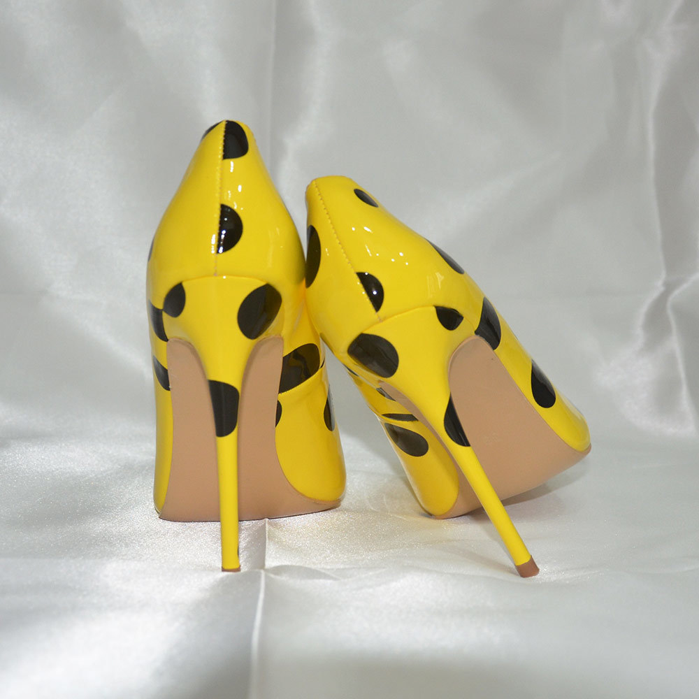 Veowalk Black Polka Dots Women Yellow Stilettos High Heels Ladies Fashion Slip On Pumps Club Party Dress Shoes Color Customized LJ201112