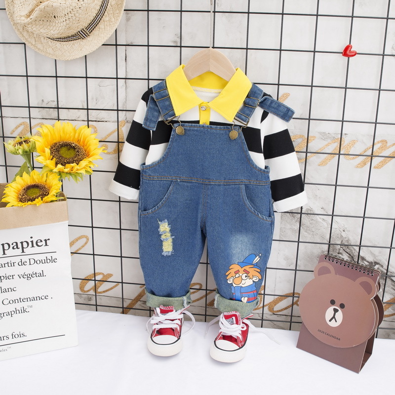 BOY'S Baby New Style Korean-style Children Fold-down Collar Stripes Long-sleeved Sweater Versatile Cowboy Suspender Pants ChildrX1019