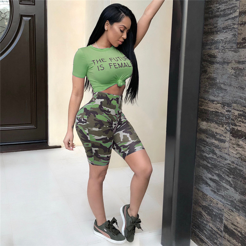 Camouflage Pink Two Piece Set Summer Outfits T Shirt Crop Top and Camo Shorts Set Sexy Tracksuit Matching Sets D41-AB95 T200603