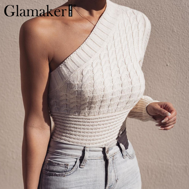 Glamaker One shoulder white knitted sweater women autumn bodycon sexy pullover streetwear fashion winter warm ladies sweater 201017