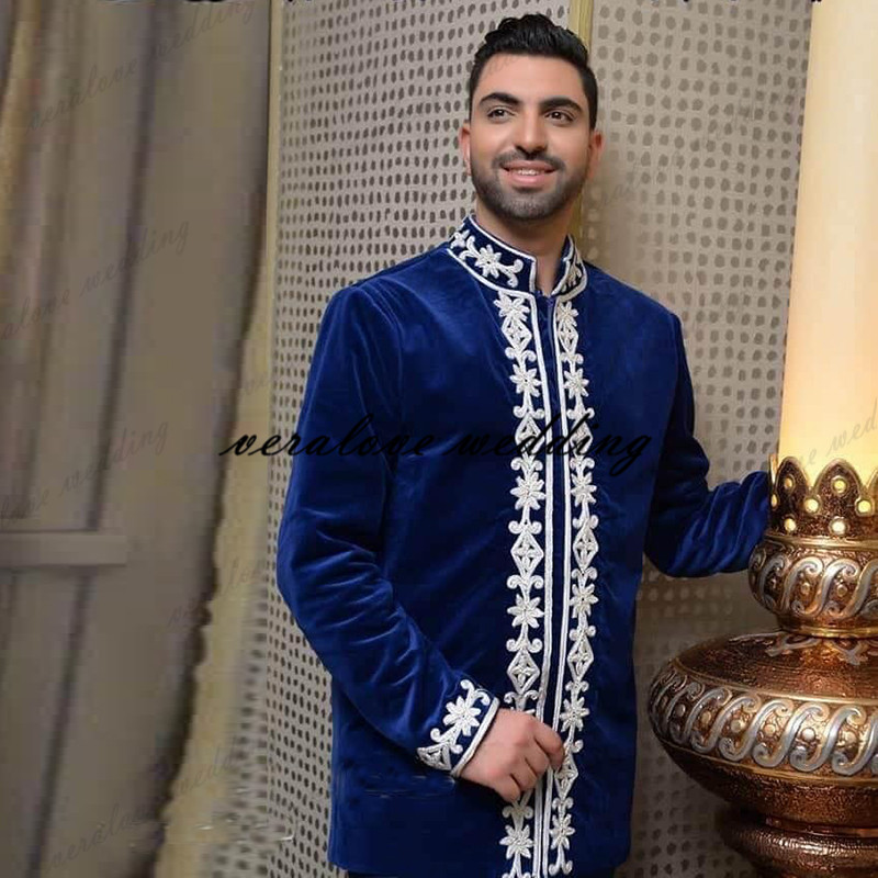 Formal Kosovo Albanian Men Suits Vestidos De Novia Groom Tuxedos Tunisian Evening Wear For Men Velvet Royal Blue 2021