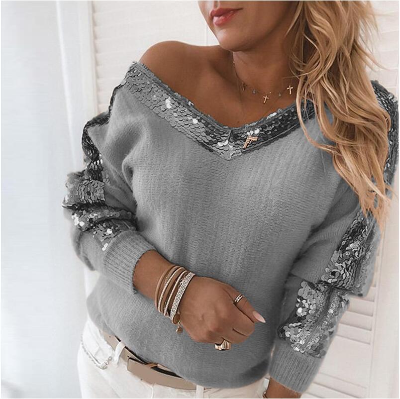 Elegant Off Shoulder V Neck Autumn Sweaters Vintage Sequin Patchwork Knitted Sweater Casual Women Long Sleeve Pullover Tops 201222