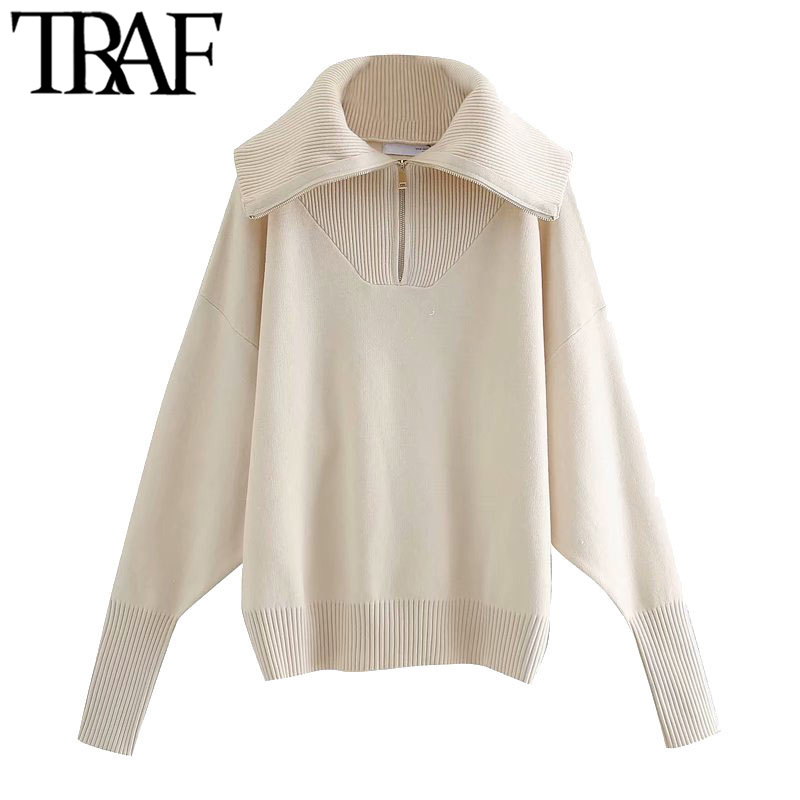 TRAF Women Fashion Ribbed Trim Loose Knitted Zip-up Sweaters Vintage High Collar Long Sleeve Female Pullovers Chic Tops 201128