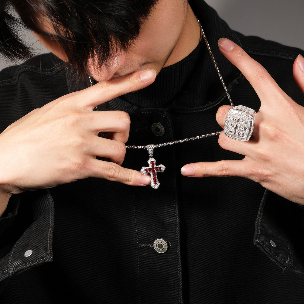 Blue Red Moissanite Cross Fashion Mens Gold Necklace Hip Hop Iced Out Pendant Necklaces Jewelry