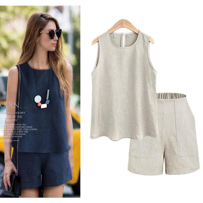 Women Summer Style Casual Cotton Linen Tops Shirt Feminine Pure Color Female Office Suit Set Women's Costumes Hot Short Sets T200325