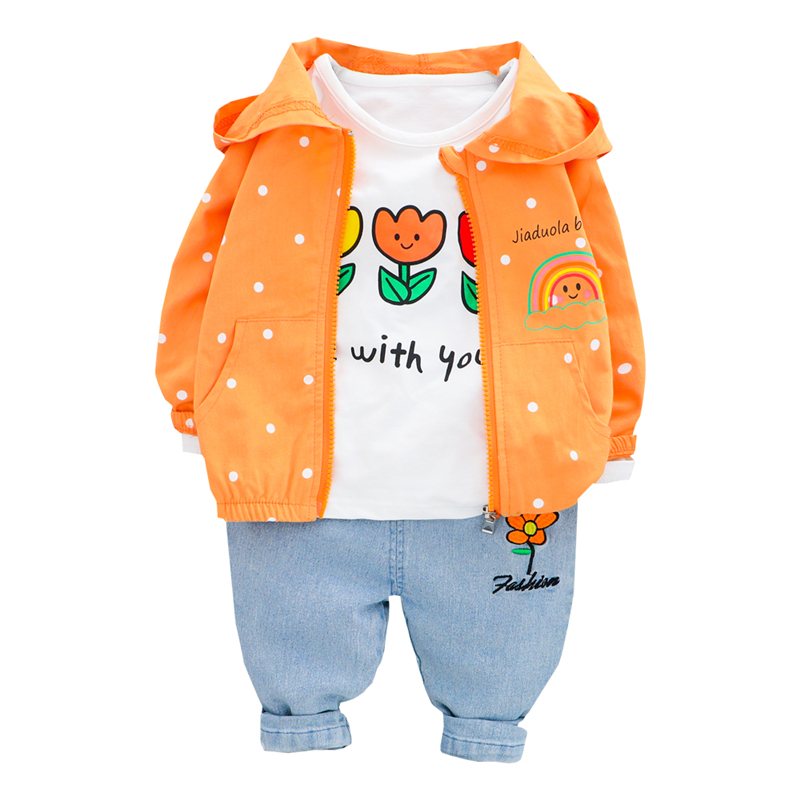 HYLKIDHUOSE Baby Girls Clothing Sets 2020 Autumn Hooded Coats Flowers T Shirt Jeans Infant Newborn Clothing Children ClothesX1019