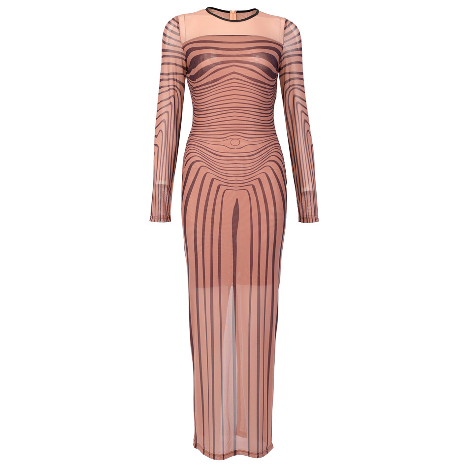 Mysterious Kim Kardashian Sinuous Stripe Print Sexy Dress Sheer Mesh Long Sleeve Back Slit Maxi Bodycon Dress For Women Vestidos LJ201204