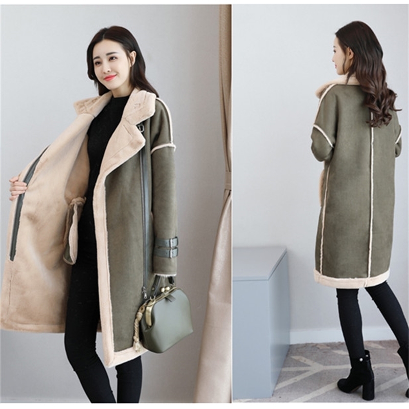 Winter Long Suede Leather Jacket Women Plus Size Female Brown Faux Fur Lined Suede Jacket Woman Coat Large Ladies Windbreaker 201030
