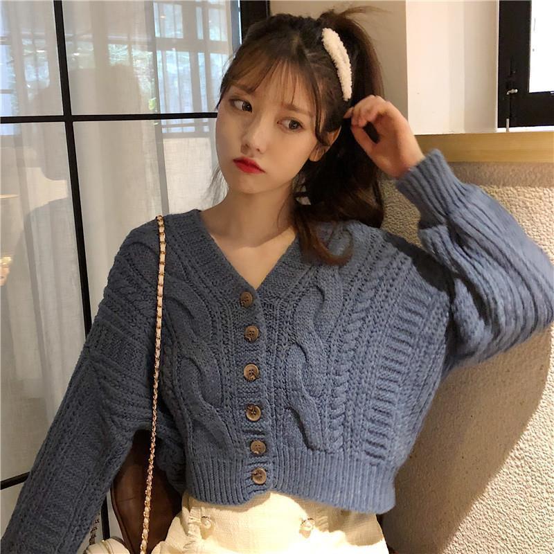 Autumn Winter Women's Cardigan Korean Style The Retro Solid Color V-neck Knitted Cardigan Loose Short Twist Sweater Coats LL503 201031
