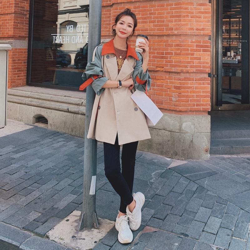 Windbreaker Female 2020 Design Stitching Color Contrast Fashion Trench Coat New casual Mid-length Women's Spring Autumn Coat A411