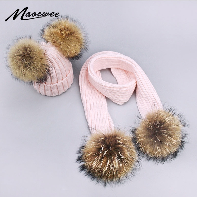 Pom Pom Hat Scarf Women Kids Winter Acrylic Beanies Hats Real Fur Pompon Hat Cap Girl Warm Knitted Solid Pink White Hats Scarves Y201024
