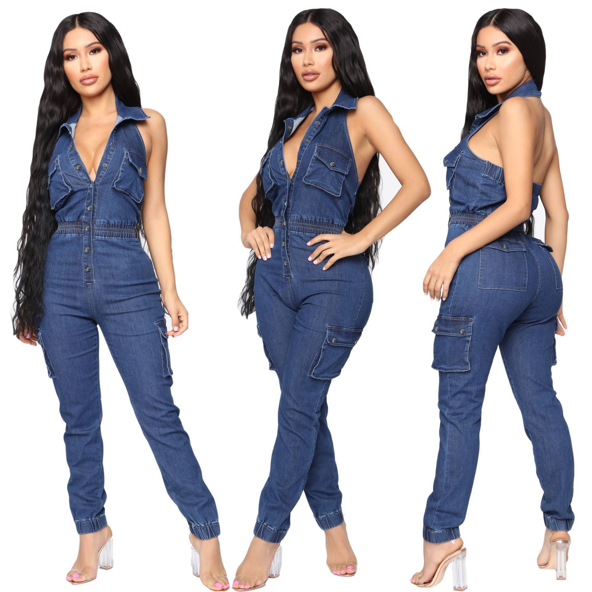 Summer Women's Fashion Casual Backless Sleeveless Denim Jumpsuit Plus Size Jeans High Waisted Overalls 201105