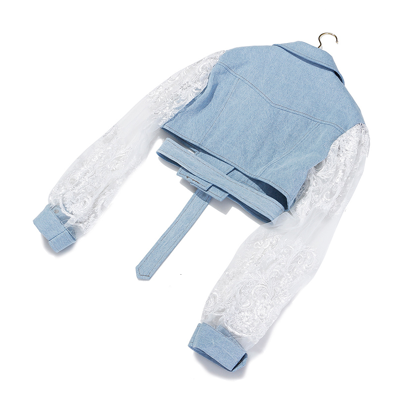 EAM Loose Fit Lace Split Joint Blue Denim Jacket Lapel Long Sleeve Women Coat Fashion Spring Autumn 1D638 201029