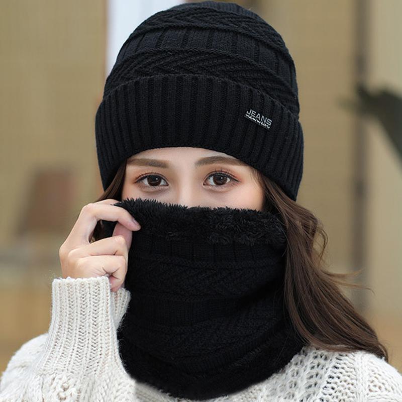 

NEW Knitted Scarf Set Beanie Hat Winter Neck Warmer Lining Cap Solid Color Ladies Cap Hat and Scarf for Women