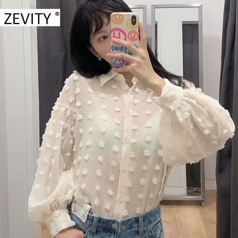 ZEVITY women fashion dot stitching appliques casual smock blouse office ladies lantern sleeve chiffon shirts blusas tops LS7194 201201