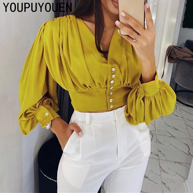 Women Lantern Long Sleeve Blouse Crop Top V-neck Casual Party Elegant Shirt Woman Fashion Clothes Summer Yellow Short Blouses 201201