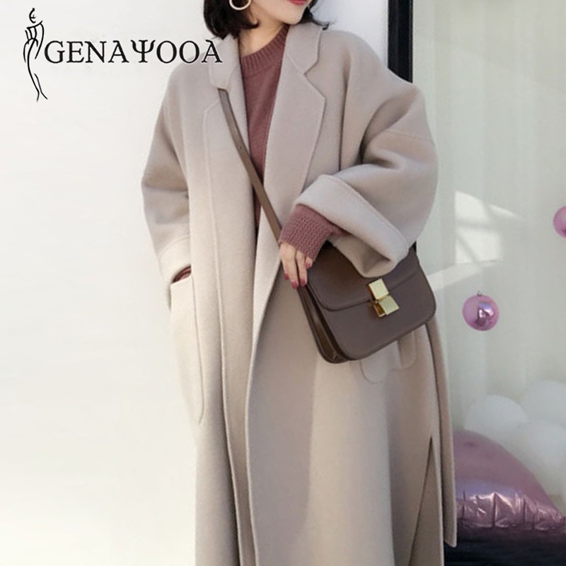 Genayooa Winter Elegant Wool Blend Women Korean Style Black Long Coats Vintage Minimalist Woolen Overcoat Camel Oversize 201112