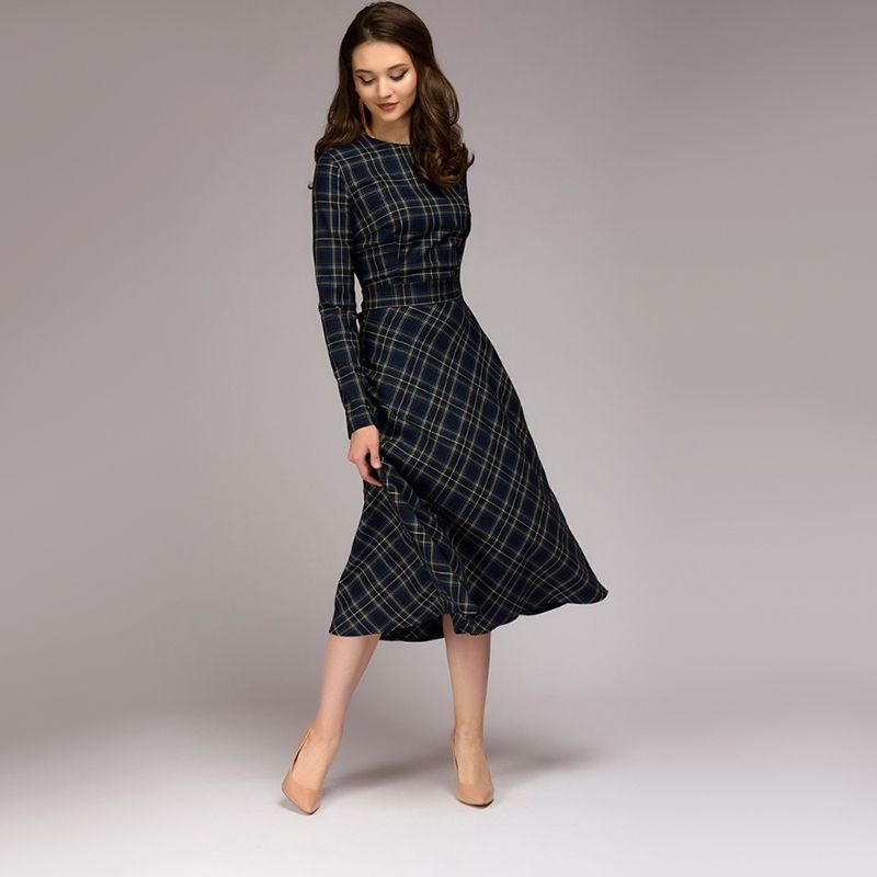 Women Vintage Sashes Plaid Dress Ladies Long Sleeve o Neck Elegant a Line Midi Dress Autumn Bow Tie Party Dress Plus size 201028