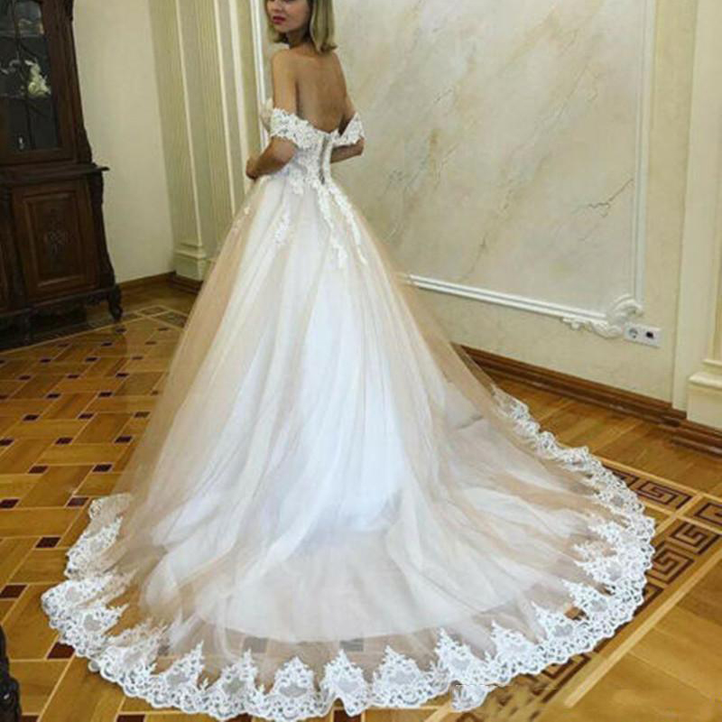 Custom Made Off Shoulder Lace Wedding Dresses 2021 with Appliques Court Train Tulle Lace Up Back A Line wedding dresses