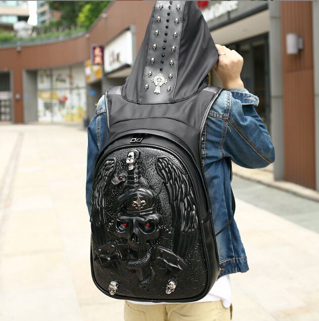 Mens Bags With Hood Cap 3D handbags Fashion Personality Skull Leather Backpack Rivets Apparel Bag Japanese Handbags For women Schoolbags