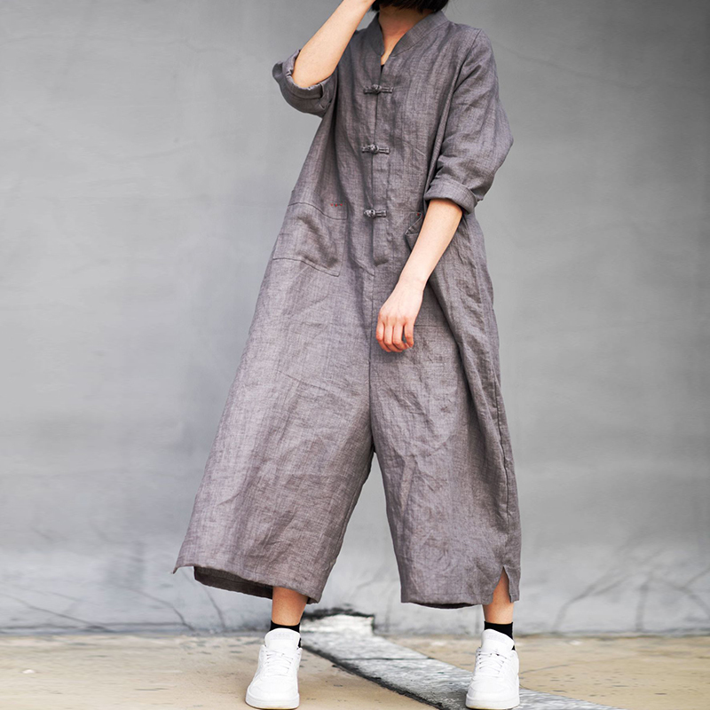 Johnature Women Vintage Jumpsuits Pockets Belt New Cotton Linen Women Spring Cloths Loose Fall Retro Casual Jumpsuits 201007