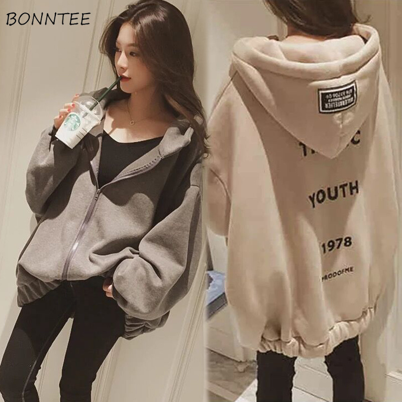 Hoodies Women Letter Printed Loose Hooded Thicker Warm Sweatshirts Students Plus Velvet Long Sleeve Zip-up Womens All-match Chic 200930