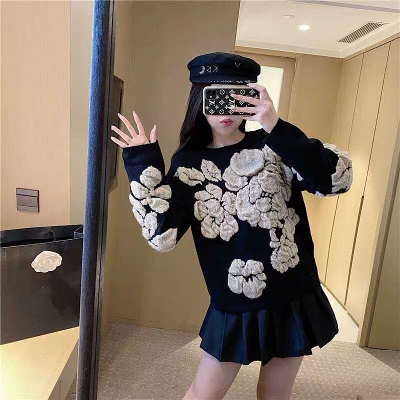 Autumn Winter Floral Print Sweater Women Knitted Pullover Femme Sweaters High Quality Knitted Oversize black Sweater Jumper 201031
