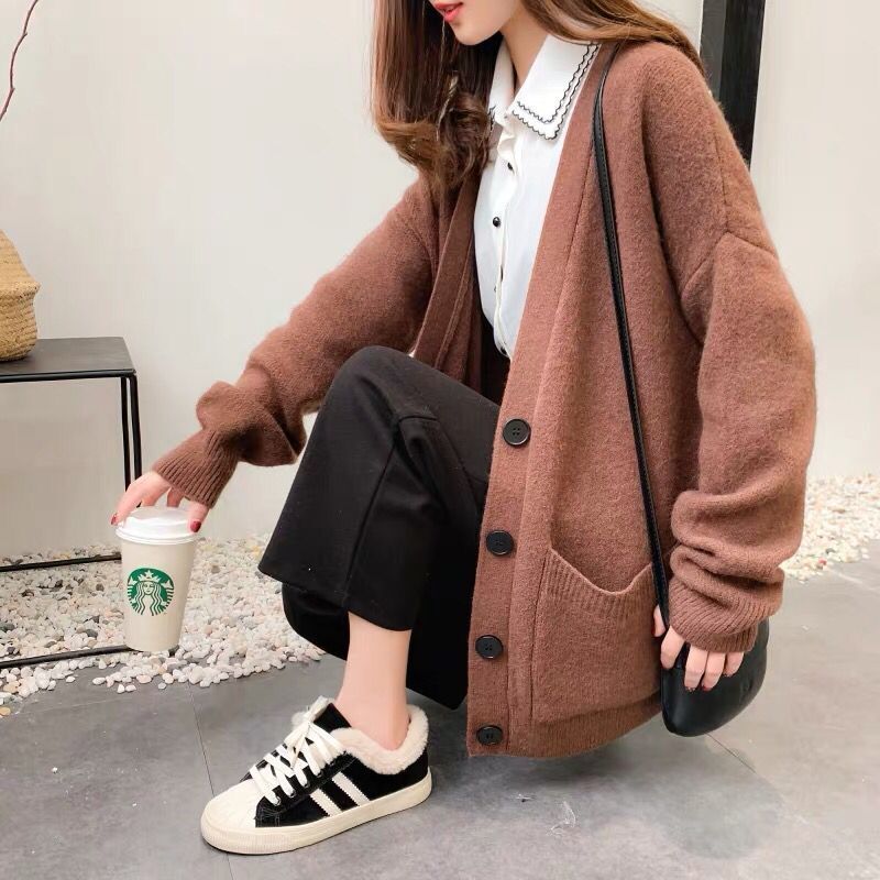 autumn and winter new women's knitted solid color buttons Korean loose top V-neck fashion temperament sweater cardigan 201111wtt