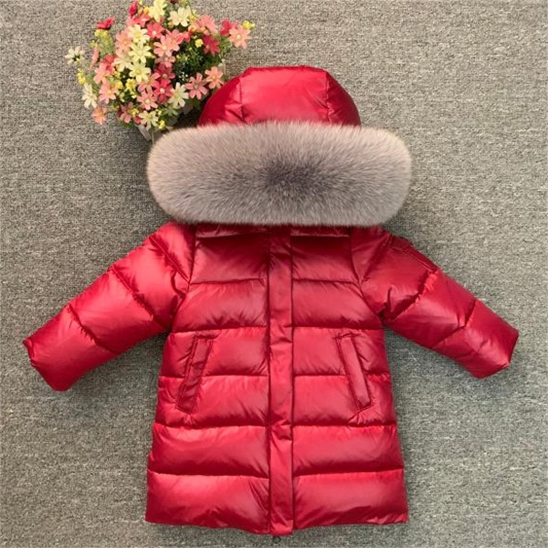 Girls long down jacket children winter thick coat really fox fur collar LJ201125