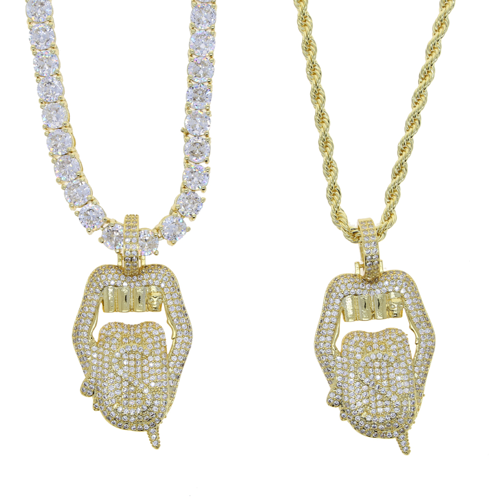 Iced out bling cz mouth pendant Dollar symbol engraved 5mm cz tennis chain dripping Lip necklace hiphop women men choker jewelry bulk