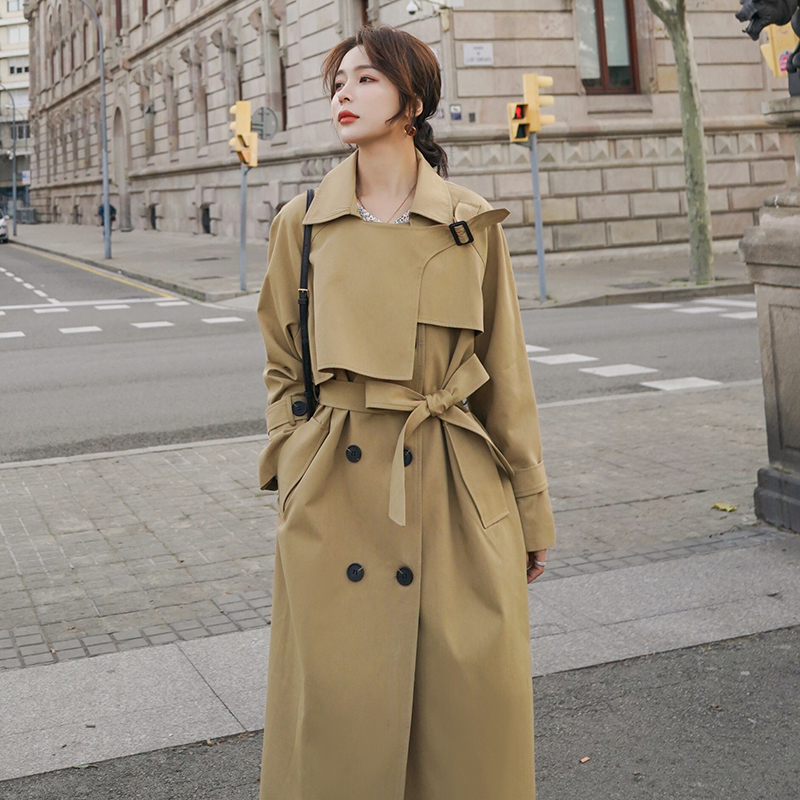 Spring Autumn Double Breasted Women Trench Coat Long Below-Knee Belted Duster Coat Khaki Outerwear for Ladies Windbreaker T200811