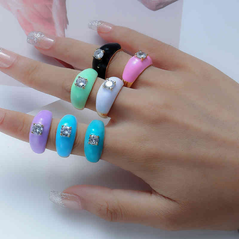 2022 Ins Color Rainbow Fashion Rings for Women Finger Jewelry Clear Cz Colorful Neon Enamel Open Adjusted Dome Ring