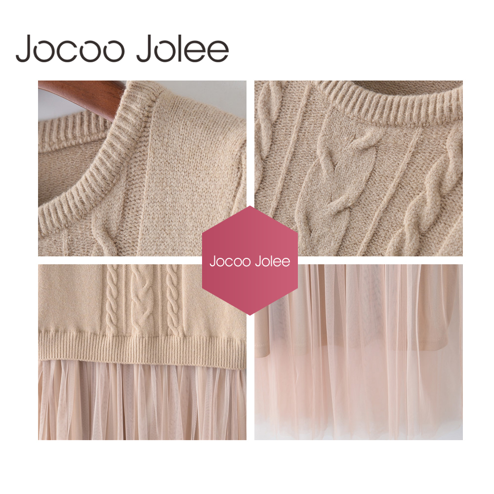 Jocoo Jolee Autumn Winter Dress Elegant Ladies O Neck Long Sleeve Sweater Knitted Midi Dress High Elstic Mesh Warm Women Dress 201029