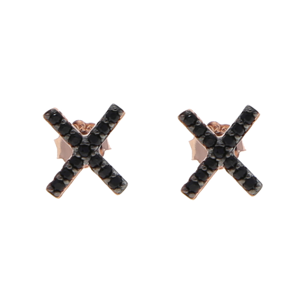 Delicate Rose Gold Color Classic Black Cz Paved X Cross Charm Stud Earring for Women Real 925 Sterling Silver Engagement Jewelry