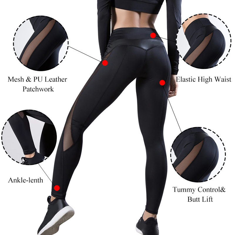 CHRLEISURE Solid High Waist Fitness Legging Women Heart Workout Leggins Femme Fashion Mesh And PU Leather Patchwork Leggings 201202