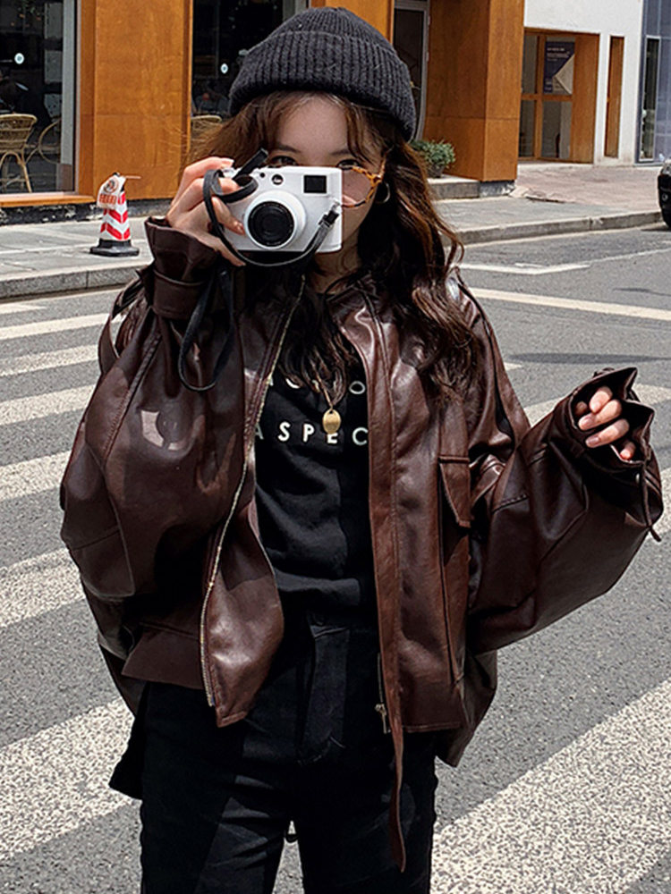 Lautaro oversized leather jacket women long sleeve Brown black loose faux leather jackets women Autumn plus size fashion 201020