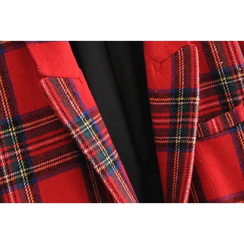 New Arrival Women Red Plaid Blend Wool Coat Casual Single Button Thick Warm With Pocket Elegant Long Fashion Feminine Outwear 201102