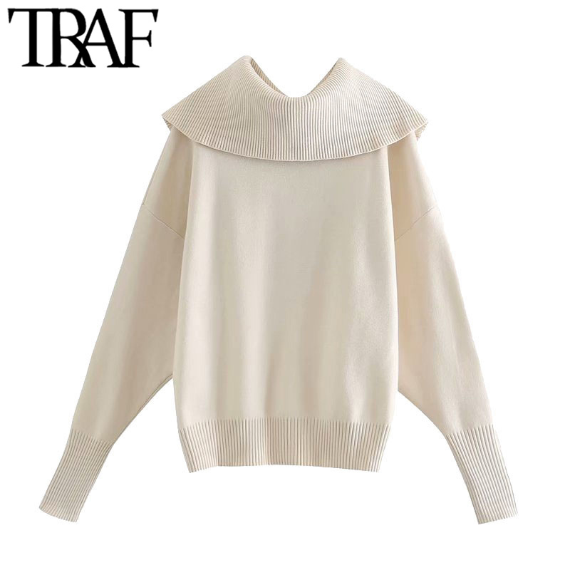 TRAF Women Fashion Ribbed Trim Loose Knitted Zip-up Sweaters Vintage High Collar Long Sleeve Female Pullovers Chic Tops 201128