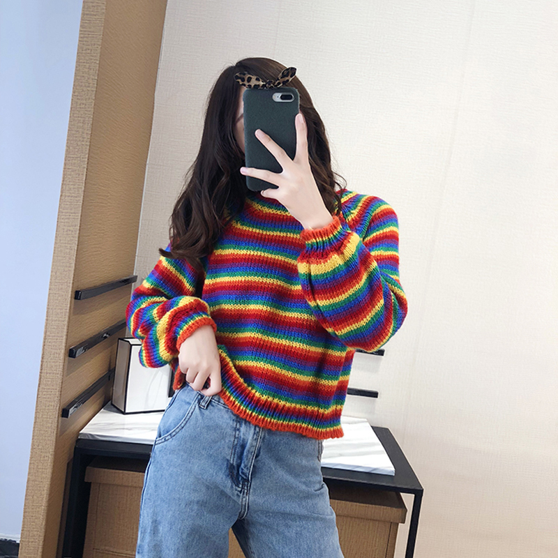 Korean Style Rainbow Sweater Loose Stripe Pullover Knitted Runway Jumpers Women's Sweaters Multicolor Loose Women's Clothes 201225