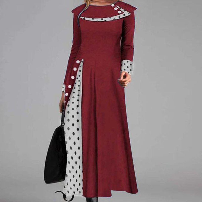 Vintage Maxi Dresses Sexy Double-layer Polka Dot Print Long Dress Women Autumn Buttoned Patchwork Party Dress Winter Long Sleeve 201125
