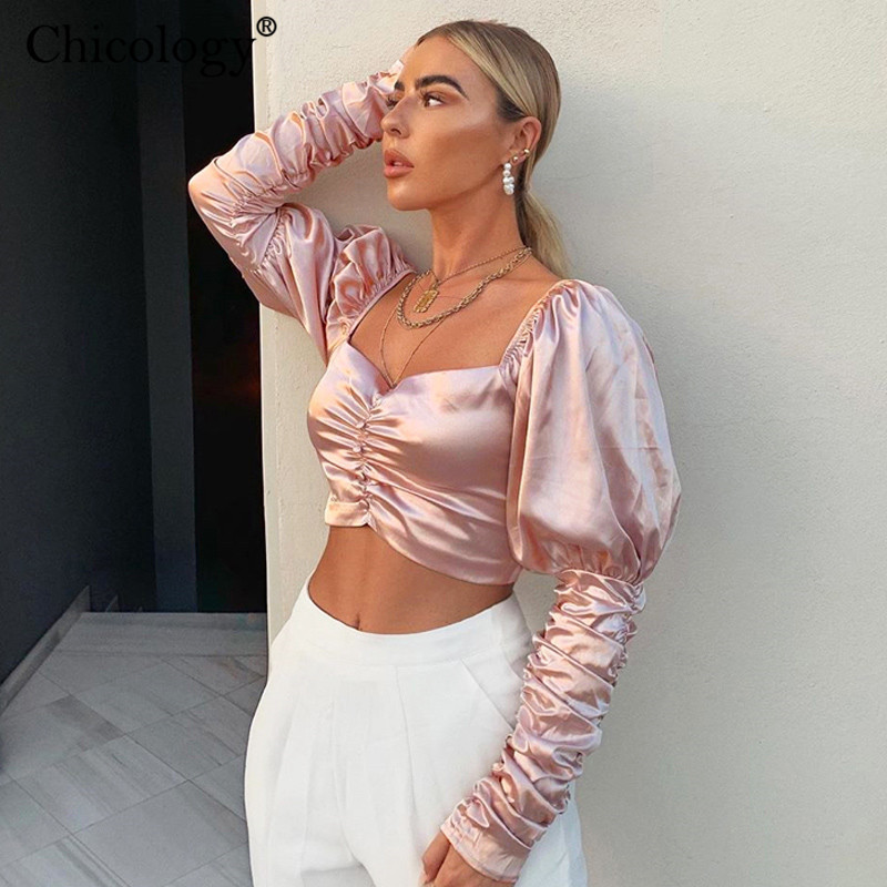 Chicology office lady blouse puff long sleeve women crop top 2019 autumn winter female elegant sexy party casual clothes T200321