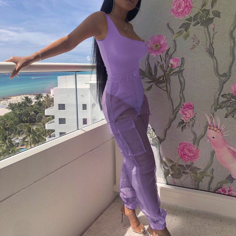 ANJAMANOR Sexy Two Piece Set Bodysuit Top and Mesh Pants Neon Pink Green Summer 2 Piece Club Outfits Matching Sets D59-AB72 T200704