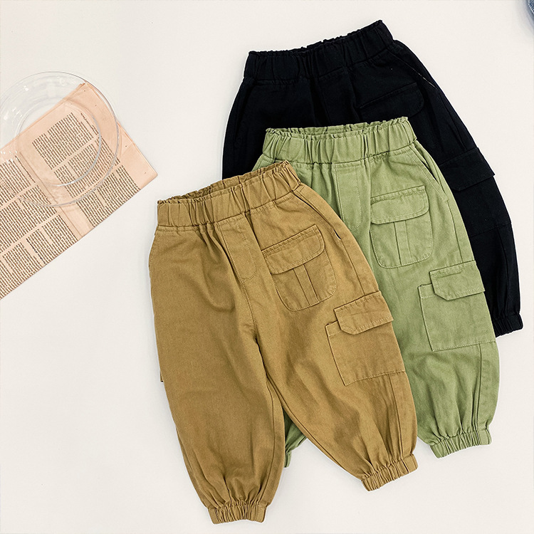 Spring Autumn boys fashion many pockets cargo pants children casual 3 colors ankle-tied trousers 1- LJ201019