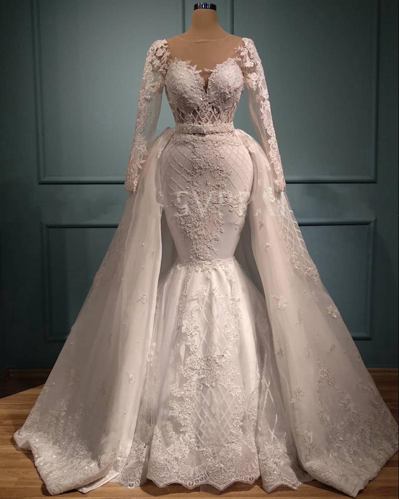Luxury Lace applique Mermaid Wedding Dresses Sheer Long Sleeve Satin White Detachable Train African Wedding Bridal Gowns