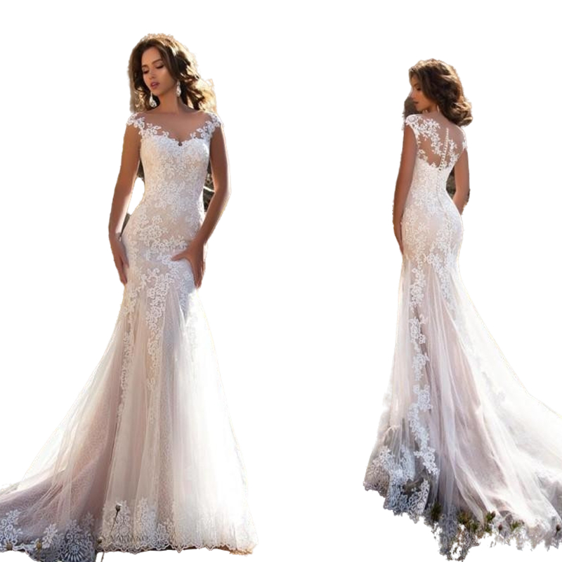 2022 Summer Garden Mermaid Wedding Dress Capped Short Sleeves Lace Appliqued Long Boho Beach Bridal Gowns Dresses Scoop Neck Back Buttons Vestidos De 