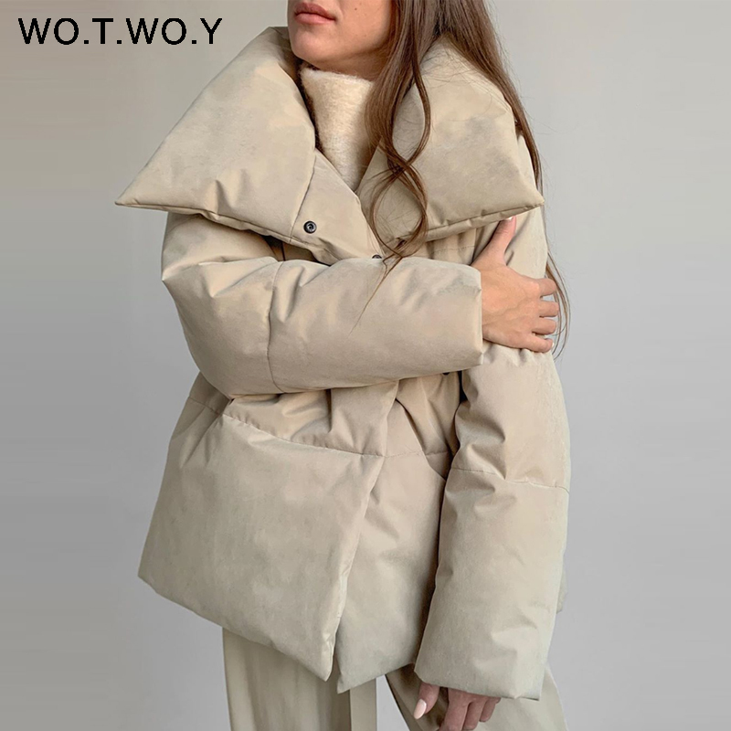 WOTWOY Oversized Cropped Winter Jacket Women Windbreaker Cotton-Padded Parkas Women Solid Casual Thick Jackets Female Outerwear 201029