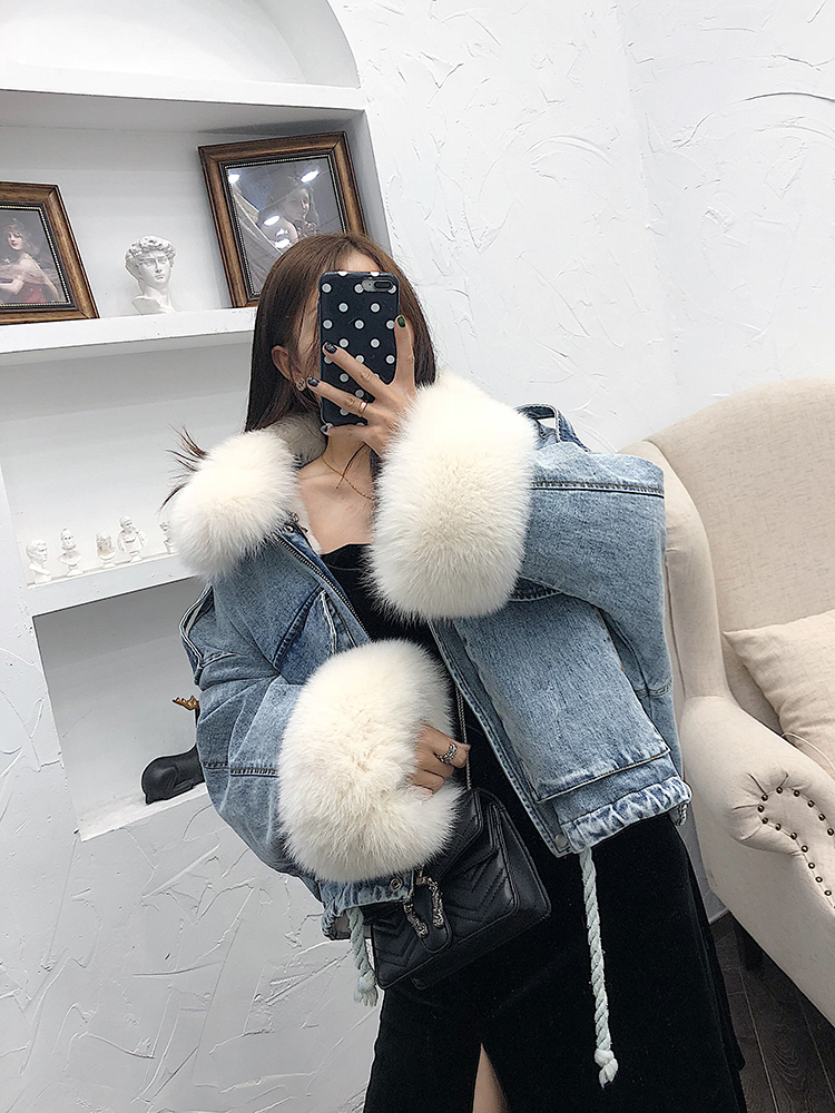 Denim Parka Women Winter Jacket Real Fox Fur Collar Cuffs Rabbit Lining Warm Loose Outerwear Streetwear Removable 201027