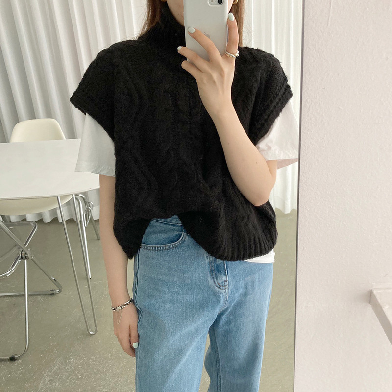 Autumn Winter Turtleneck Sleeveless Sweater Vest Women Fashion Twist Pattern Short Pullover Waistcoat Casual Loose Knitwear Tops 201111wtt